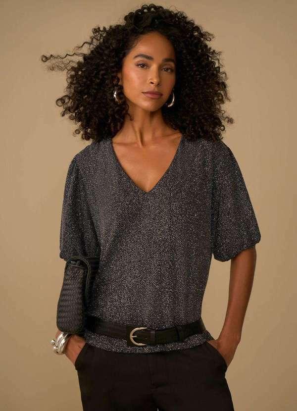 Maria.valentina - Blusa Maria.Valentina Solta Decote V Manga Curta Cropped Preto Preto