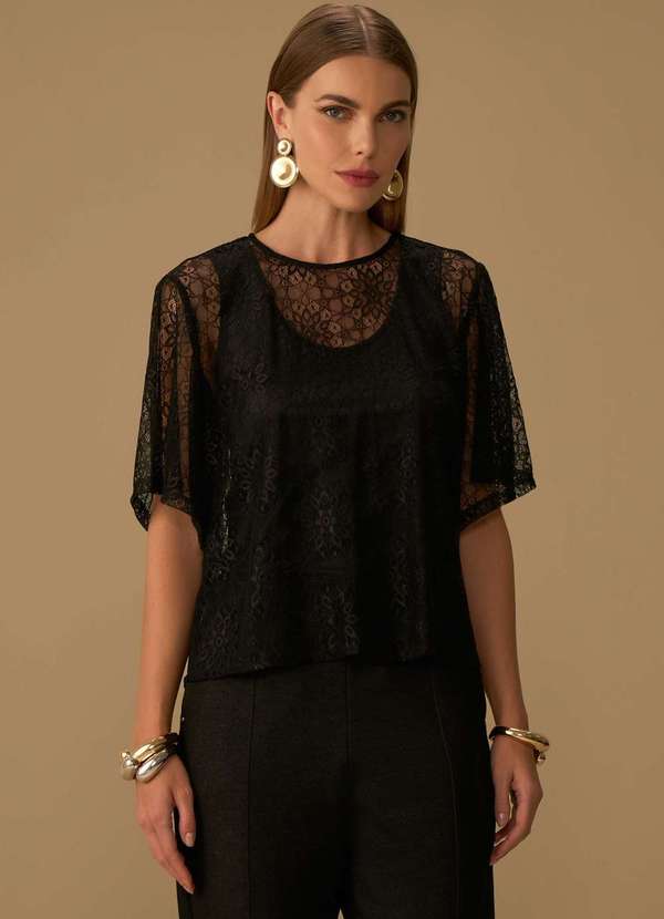 Maria.valentina - Blusa Maria.Valentina Solta Decote Careca Manga Curta Padrão Pret Preto