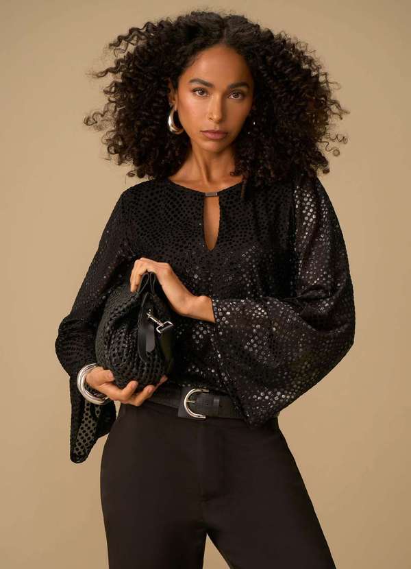 Maria.valentina - Blusa Maria.Valentina Solta Decote Careca Manga Longa Padrão Pret Preto