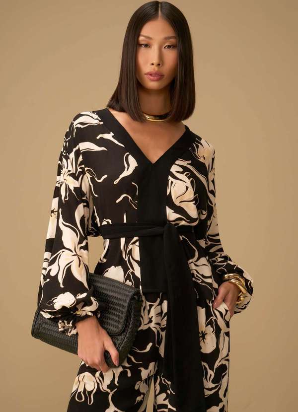 Maria.valentina - Blusa Maria.Valentina Solta Decote V Manga Longa Padrão Preto Preto