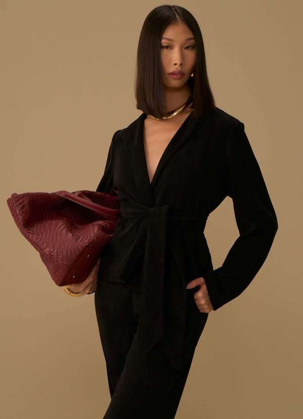 Maria.valentina - Blusa Maria.Valentina Solta Decote V Manga Longa Padrão Preto Preto