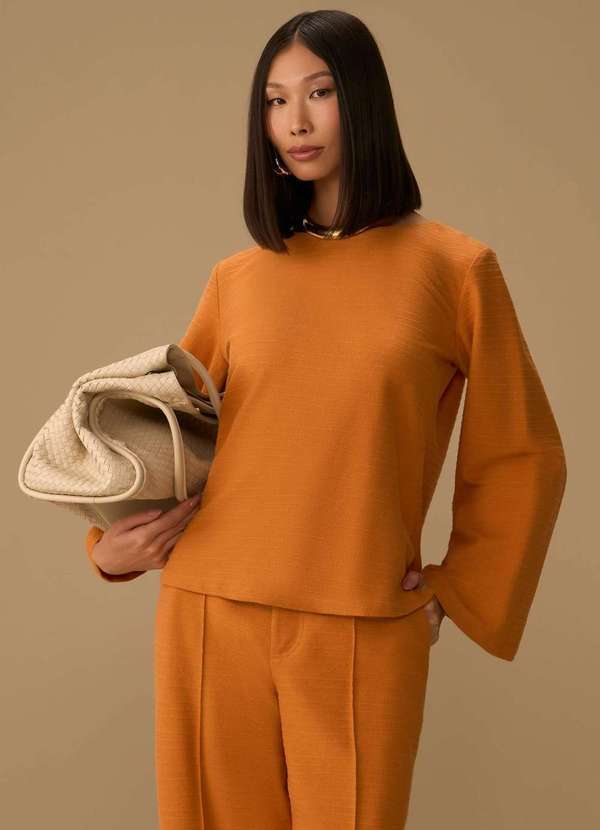 Maria.valentina - Blusa Maria.Valentina Solta Decote Careca Manga Longa Alongada La Laranja