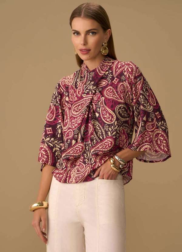 Maria.valentina - Blusa Maria.Valentina Solta Decote Transpassado Manga 3 Quartos P Vermelho