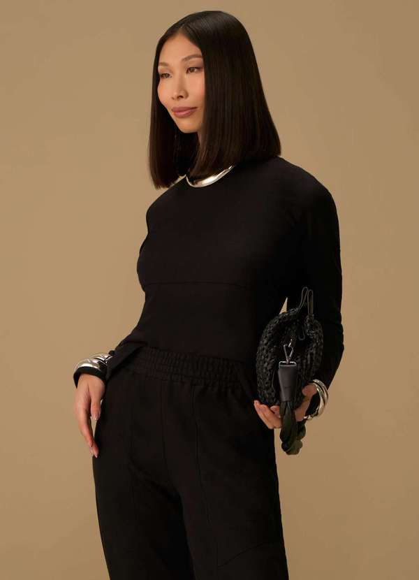 Maria.valentina - Blusa Maria.Valentina Solta Decote Careca Manga Longa Padrão Pret Preto