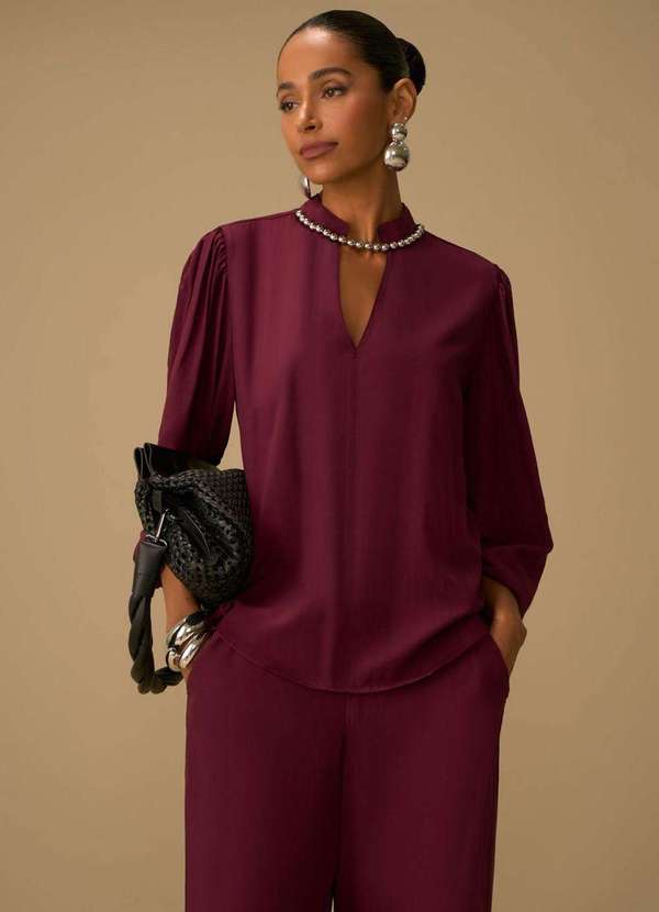 Maria.valentina - Blusa Maria.Valentina Solta Decote V Manga Longa Padrão Roxo Roxo