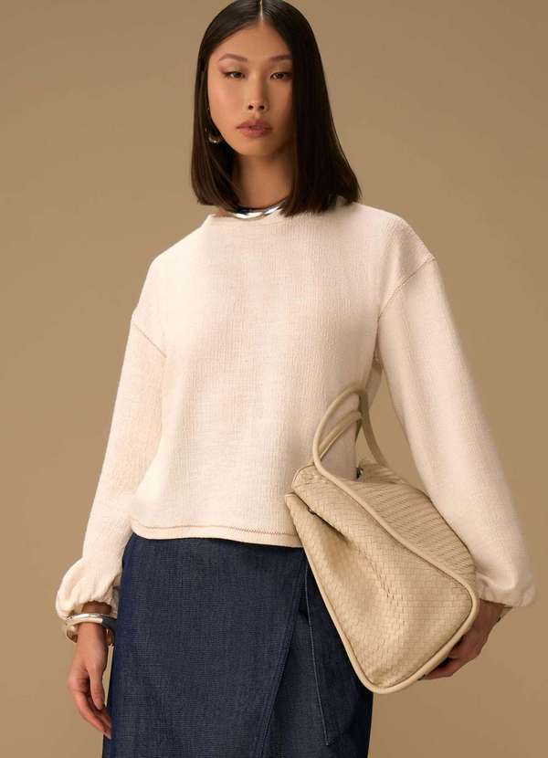 Maria.valentina - Blusa Maria.Valentina Solta Decote Canoa Manga Longa Padrão Off W Branco