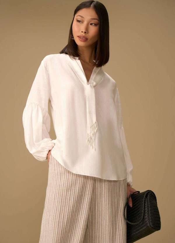 Maria.valentina - Blusa Maria.Valentina Solta Decote V Manga Longa Padrão Off White Branco