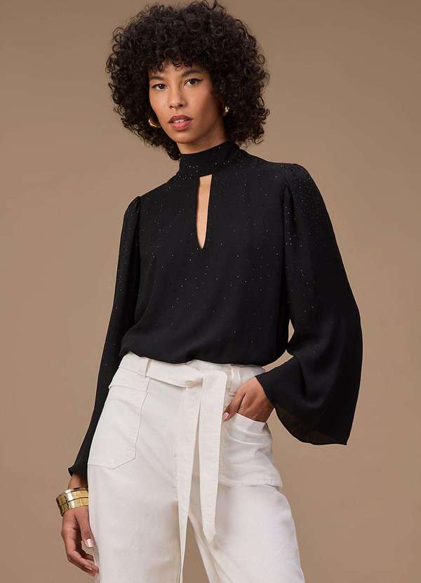 Maria.valentina - Blusa Maria.Valentina Solta Gola Alta Manga Longa Padrão Preto Preto