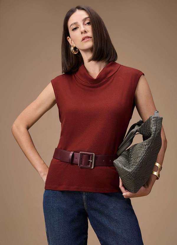 Maria.valentina - Blusa Maria.Valentina Solta Gola Alta Manga Curta Padrão Marrom Marrom