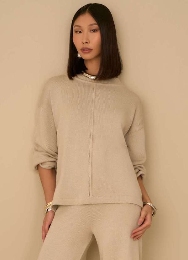 Maria.valentina - Blusa Maria.Valentina Solta Gola Alta Manga Longa Padrão Bege Bege