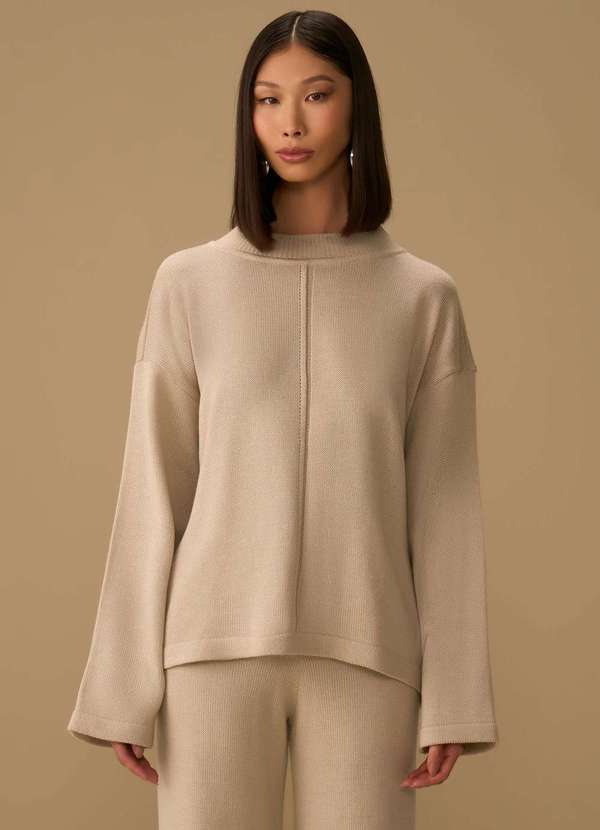 Maria.valentina - Blusa Maria.Valentina Solta Gola Alta Manga Longa Padrão Bege Bege 2