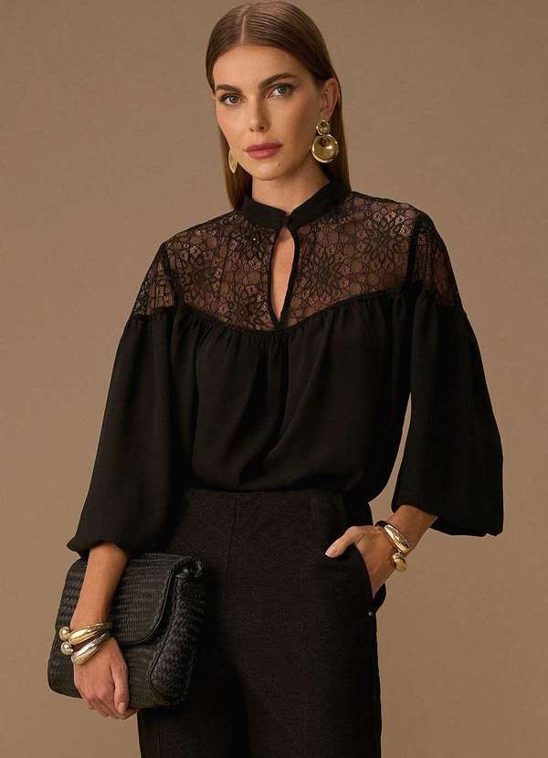 Maria.valentina - Blusa Maria.Valentina Solta Gola Alta Manga Longa Padrão Preto Preto