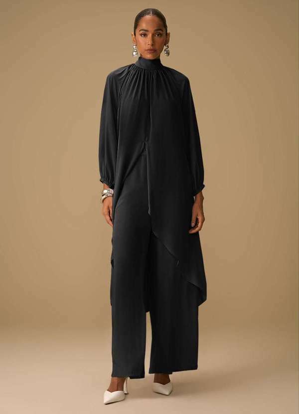 Maria.valentina - Blusa Maria.Valentina Solta Gola Alta Manga Longa Alongada Preto Preto