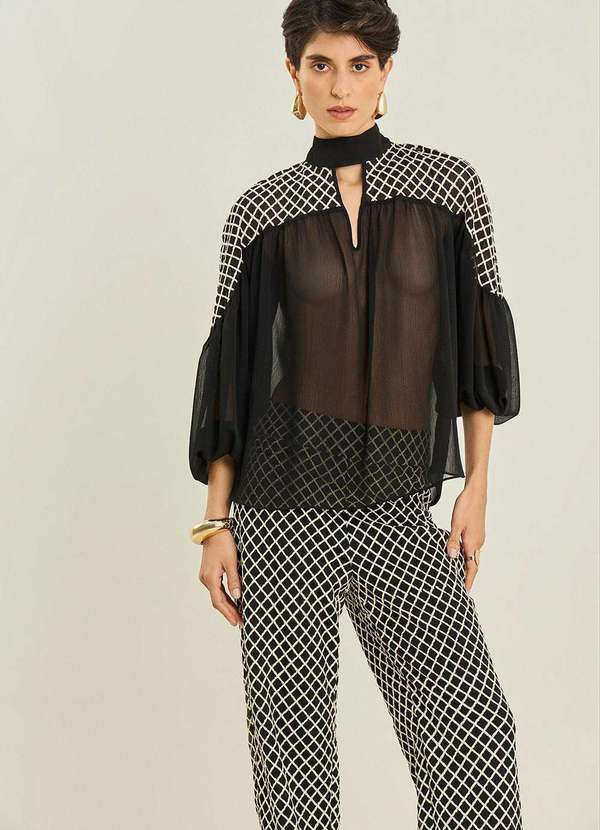 Maria.valentina - Blusa Maria.Valentina Solta Gola Alta Manga Longa Padrão Preto Preto