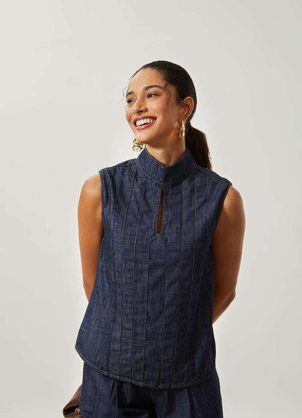 Maria.valentina - Blusa Maria.Valentina Solta Gola Alta sem Alça Padrão Azul Azul