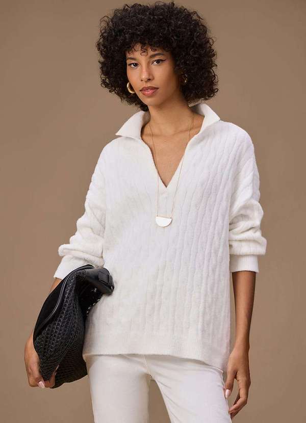 Maria.valentina - Blusa Maria.Valentina Solta Polo Manga Longa Padrão Branco Branco