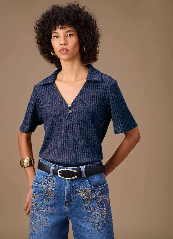 Maria.valentina - Blusa Maria.Valentina Solta Polo Manga Curta Padrão Azul Escuro Azul