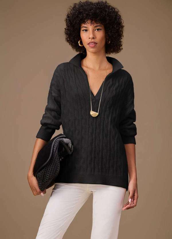 Maria.valentina - Blusa Maria.Valentina Solta Polo Manga Longa Padrão Preto Preto