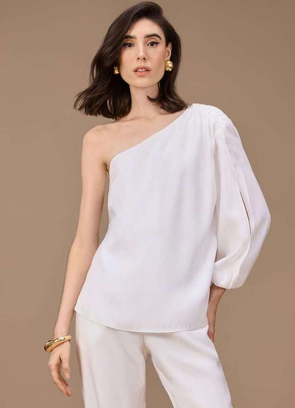 Maria.valentina - Blusa Maria.Valentina Solta um Ombro Só Manga Longa Padrão Off Wh Branco