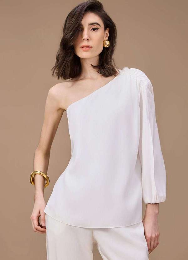 Maria.valentina - Blusa Maria.Valentina Solta um Ombro Só Manga Longa Padrão Off Wh Branco 2