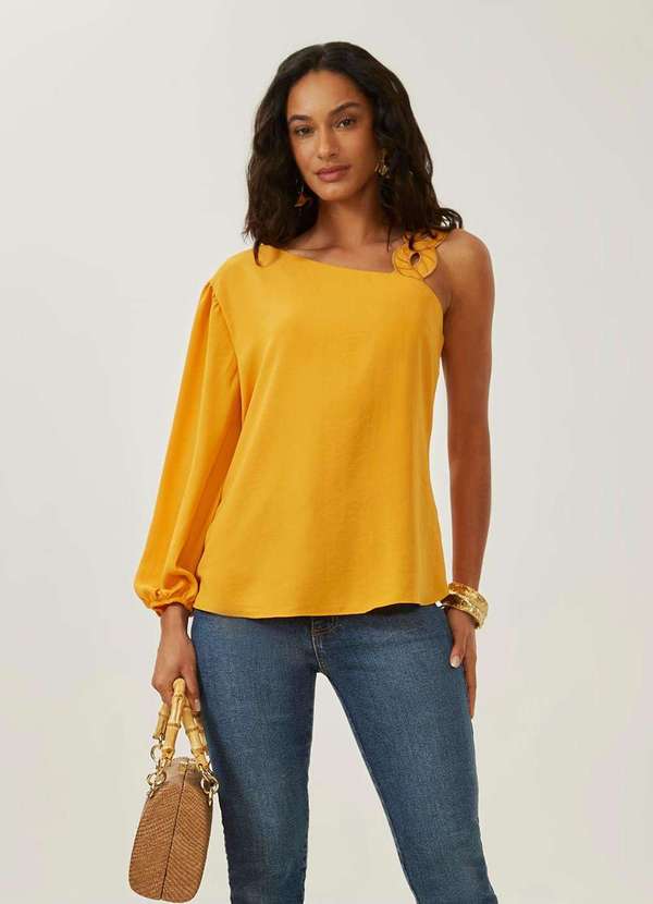 Maria.valentina - Blusa Maria.Valentina Solta um Ombro Só Manga 3 Quartos Padrão Am Amarelo