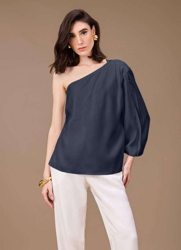 Maria.valentina - Blusa Maria.Valentina Solta um Ombro Só Manga Longa Padrão Azul e Azul