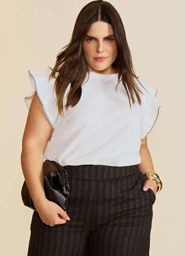 Maria.valentina - Blusa Solta Decote Careca Manga Curta Padrão Branco Branco