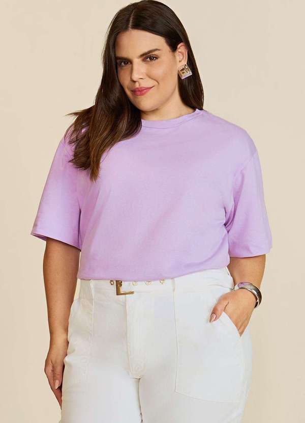 Maria.valentina - Blusa Solta Gola Alta Manga Curta Padrão Lilas Rosa