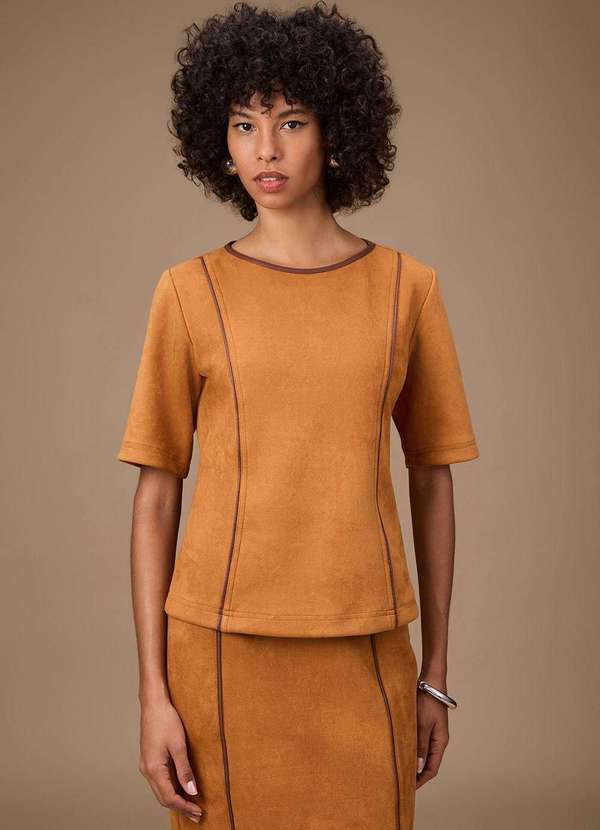 Maria.valentina - Camiseta Maria.Valentina Solta Decote Careca Manga Curta Padrão M Marrom 2