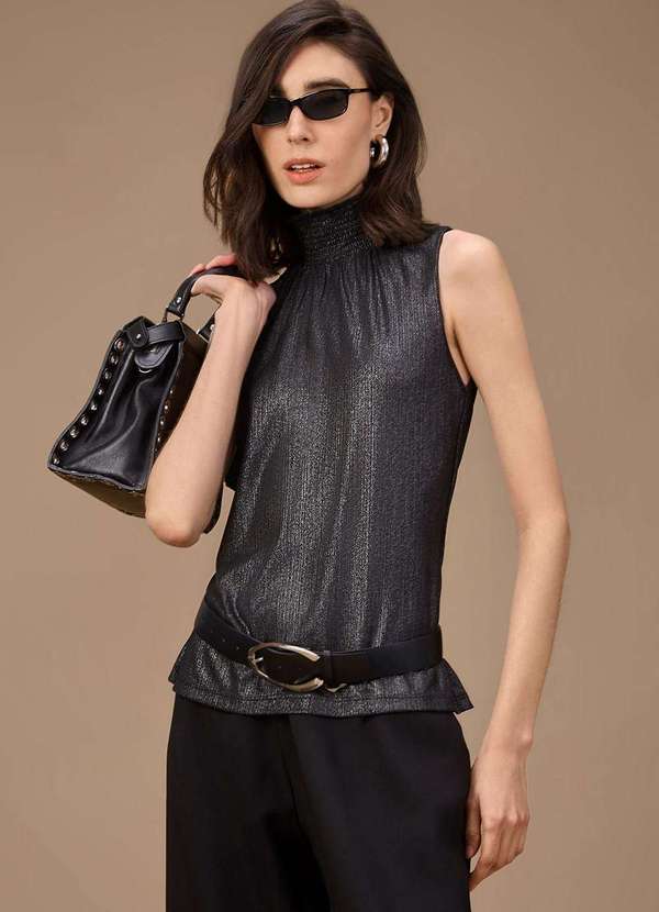 Maria.valentina - Regata Maria.Valentina Ajustada Gola Alta Padrão Preto Preto