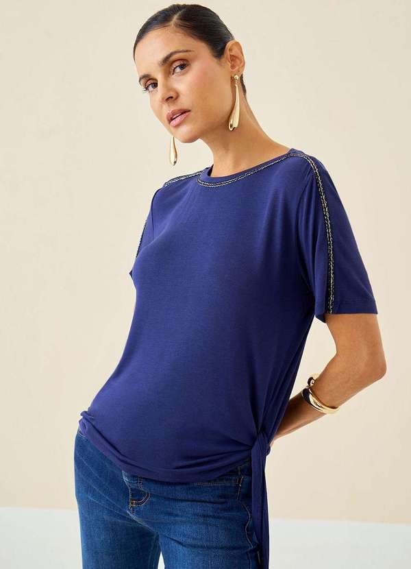 Maria.valentina - T-Shirt Maria.Valentina Decote Redondo com Amarração Azul Marinho Azul