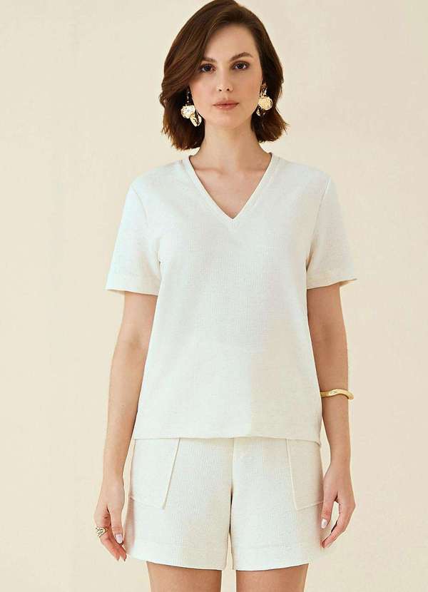 Maria.valentina - T-Shirt Maria.Valentina Decote V Básica Bege Bege 2