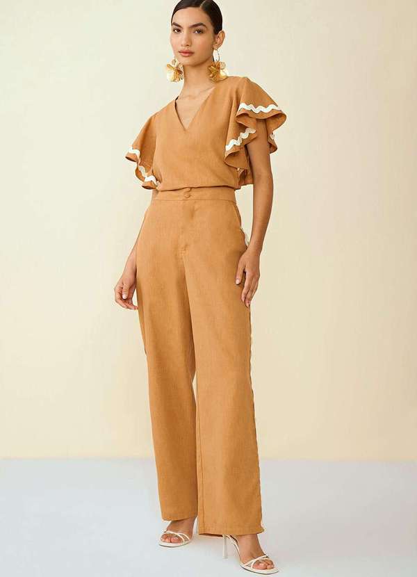 Maria.valentina - Calça Maria.Valentina Alfaiataria Cós Alto Detalhe Sianinha Marro Marrom