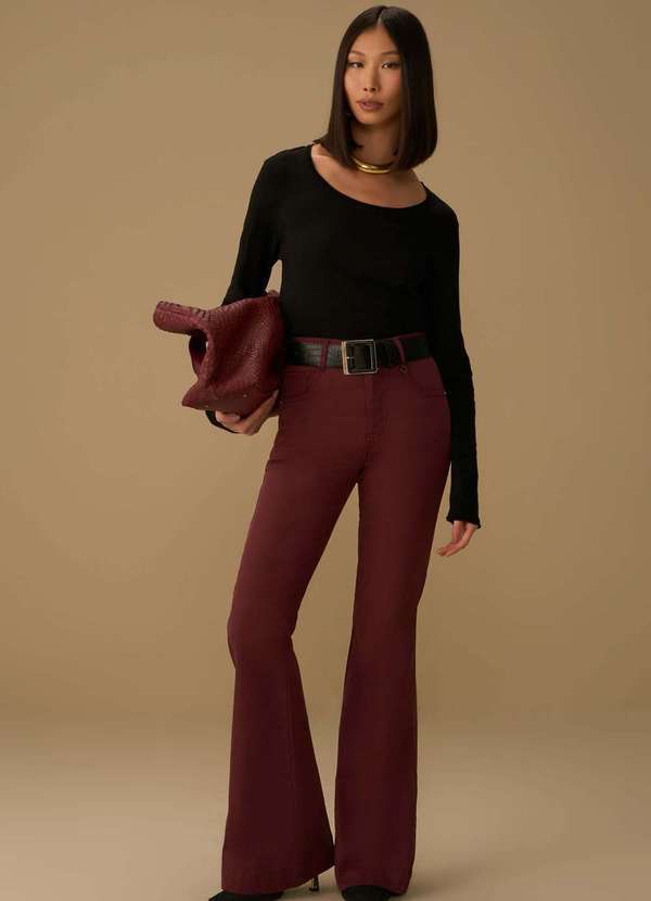 Maria.valentina - Calça Maria.Valentina Flare Alta Bordo Vermelho