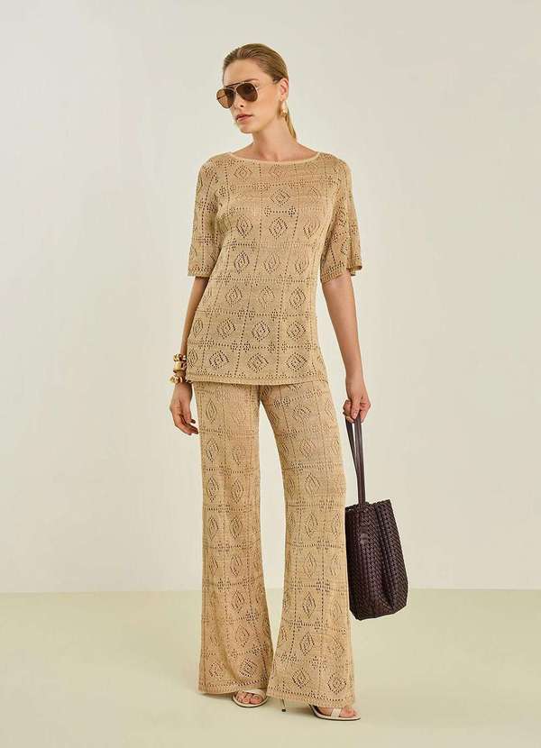 Maria.valentina - Calça Maria.Valentina Flare Alta Dourado Dourado