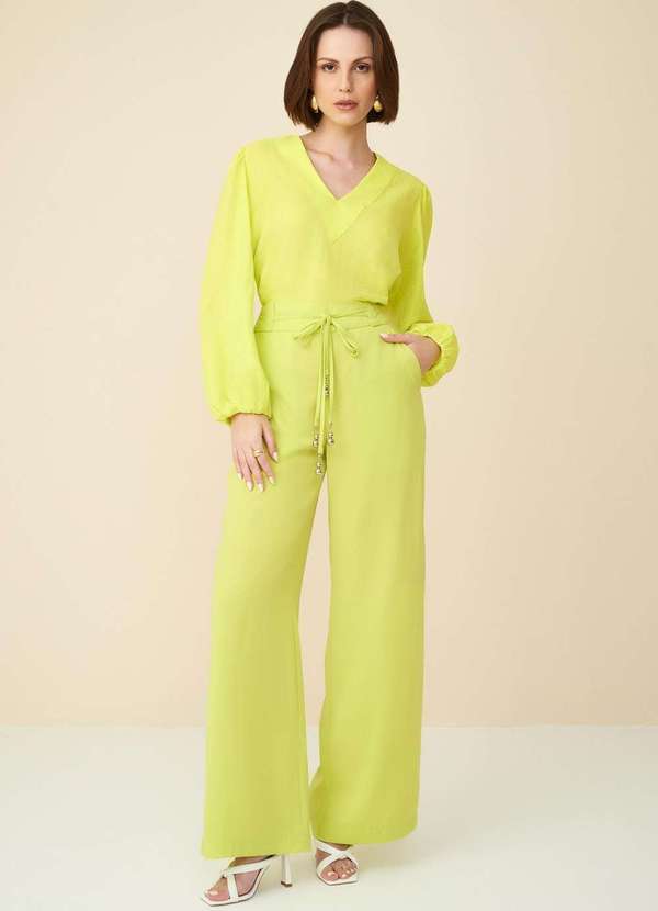 Maria.valentina - Calça Maria.Valentina Pantalona Cós Alto Detalhe Viés Verde Claro Verde