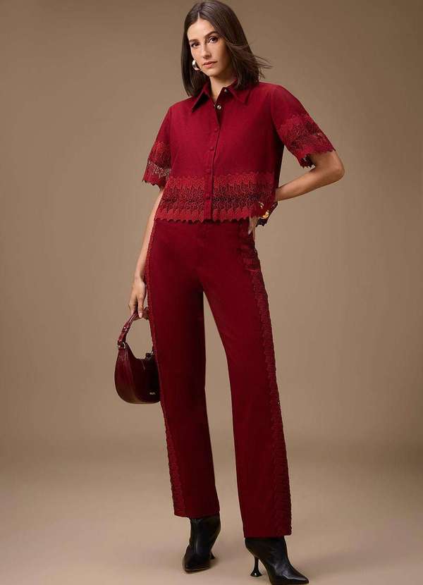 Maria.valentina - Calça Maria.Valentina Reta Alta Bordo Vermelho