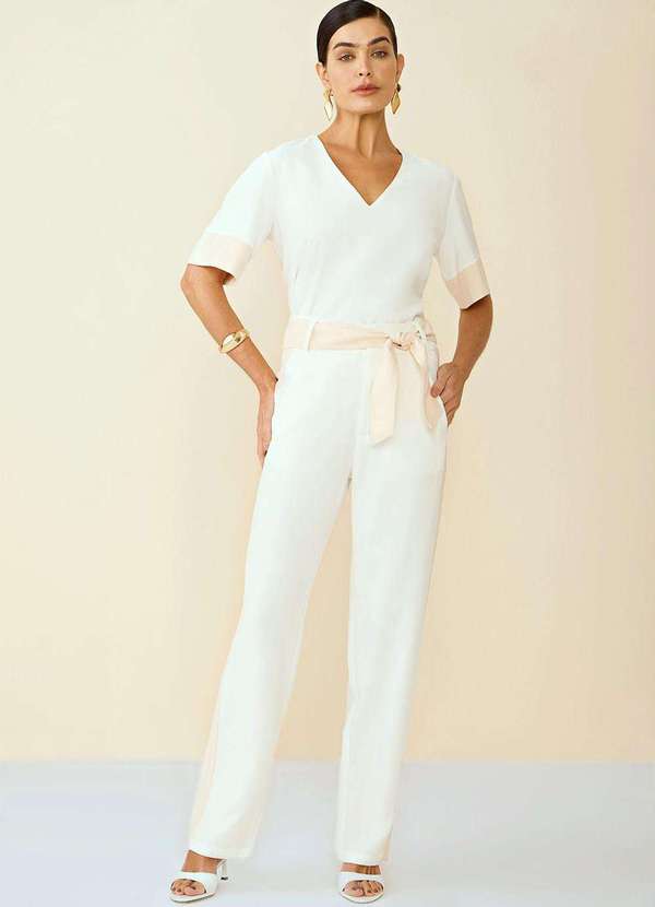 Maria.valentina - Calça Maria.Valentina Reta Cós Alto com Faixa Off White Branco