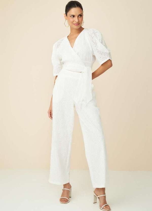 Maria.valentina - Calça Maria.Valentina Reta Cós Alto Detalhe Renda Off White Branco 2