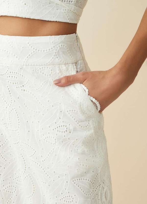 Maria.valentina - Calça Maria.Valentina Reta Cós Alto Detalhe Renda Off White Branco 4