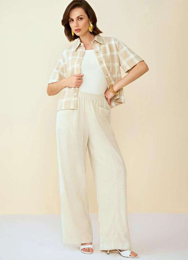 Maria.valentina - Calça Maria.Valentina Reta Cós Elástico Detalhe Bolso Cru Nude