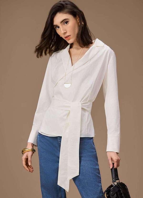 Maria.valentina - Camisa Maria.Valentina Ajustada Decote V Manga Longa Padrão Off W Branco