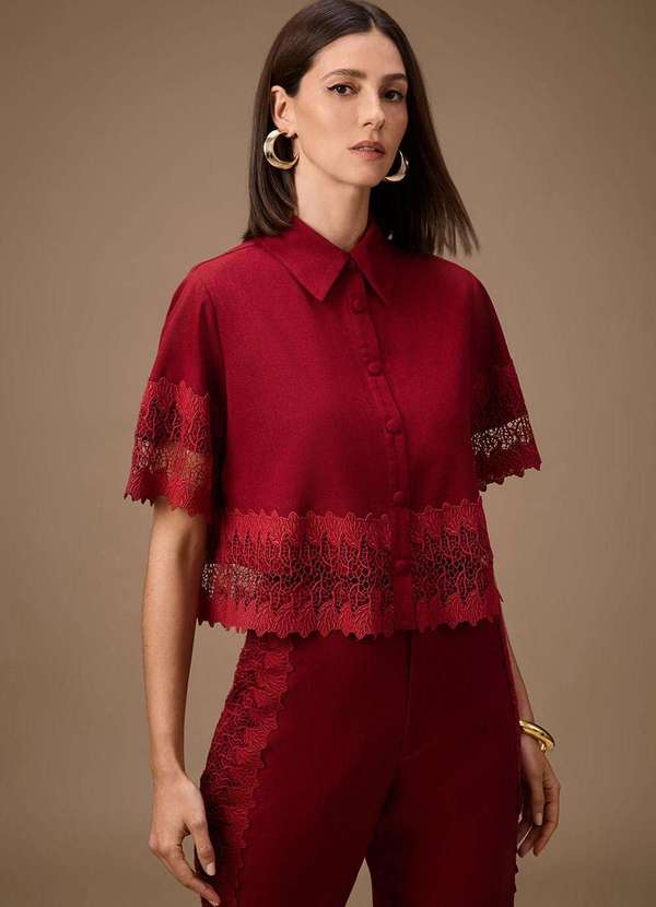 Maria.valentina - Camisa Maria.Valentina Ajustada Gola Tradicional Manga Curta Padr Vermelho 2