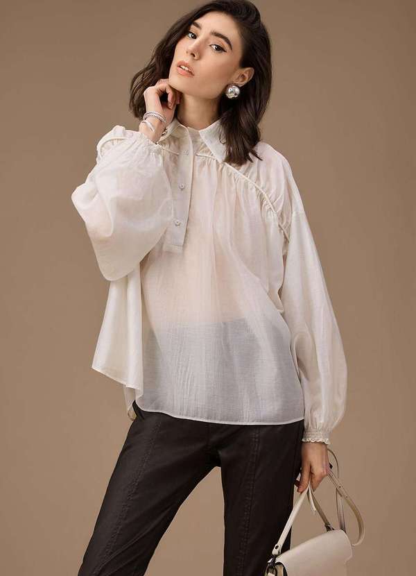 Maria.valentina - Camisa Maria.Valentina Oversized Gola Clássica Manga Longa Padrão Branco