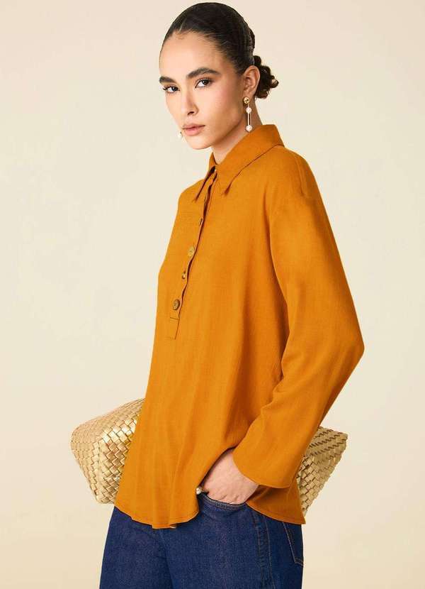 Maria.valentina - Camisa Maria.Valentina Oversized Gola Tradicional Manga Longa Pad Marrom