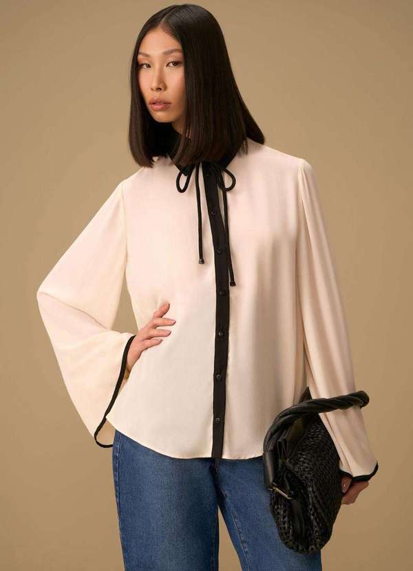 Maria.valentina - Camisa Maria.Valentina Solta Gola Clássica Manga Longa Padrão Beg Bege