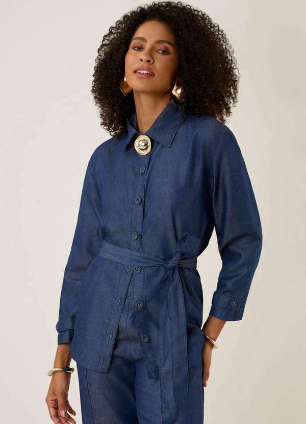 Maria.valentina - Camisa Maria.Valentina Solta Gola Clássica Manga Longa Padrão Azu Azul