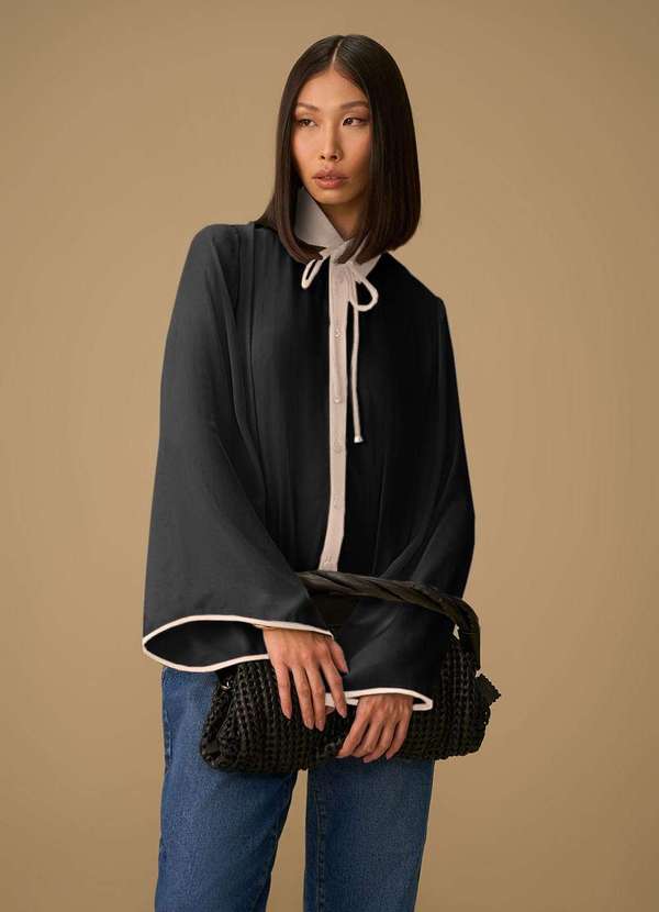 Maria.valentina - Camisa Maria.Valentina Solta Gola Clássica Manga Longa Padrão Pre Preto