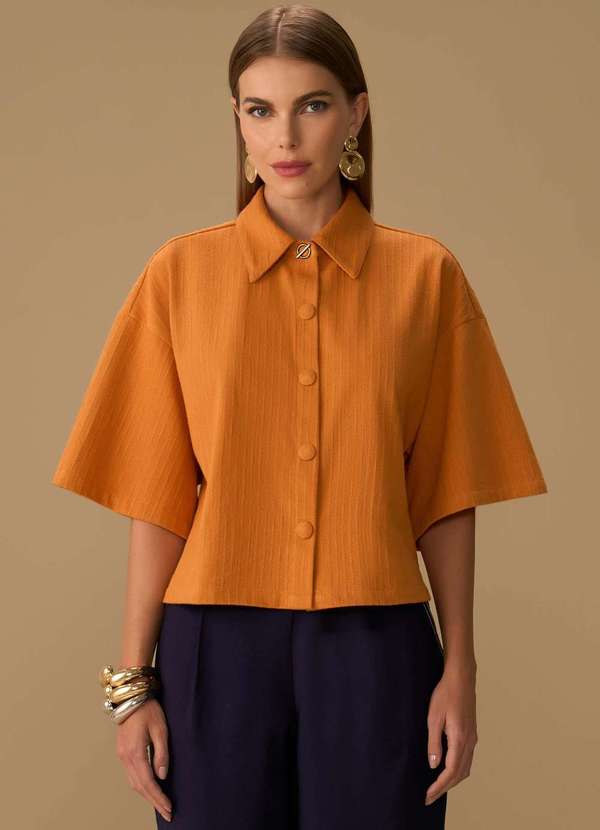 Maria.valentina - Camisa Maria.Valentina Solta Gola Tradicional Manga Curta Cropped Laranja 2