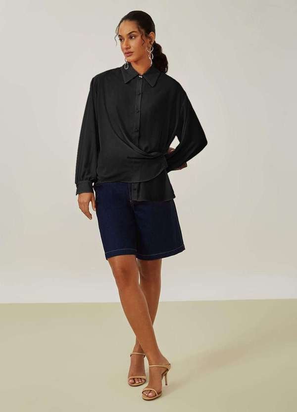 Maria.valentina - Camisa Maria.Valentina Solta Gola Tradicional Manga Longa Padrão Preto